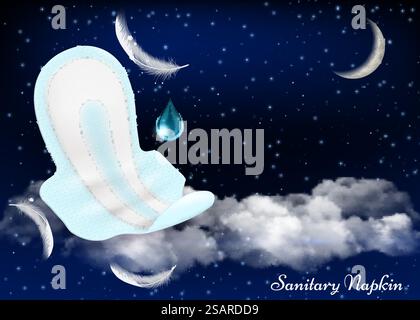 Nachtschutz Flügel Menstruation Sanitär Pads Vektor Werbung Plakat Design Vorlage. Damenhygieneprodukt, sichere Nacht Hygienetücher Ad.. Nachtschutzflügel Sanitär-Pads Vektor-Werbung Poster Design-Vorlage Stock Vektor