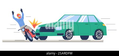 Kraftrad- und Autokollision gefährliche Situation auf Stadtstraßenvektorillustration. Verletzung von Verkehrsregeln und Versicherungskonzept. Motorrad- und Autokollision auf Straßenvektorillustration Stock Vektor