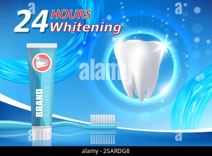 Aufhellende Zahnpasta. Zahnaufhellung Vektor-Poster Banner Vorlage mit Zahnpasta Markenrohr, Zahnbürste und weißem hellen Zahn. Zahnärztliche Gesundheit und Hygienekonzept. Whitening Zahnpasta Werbung Vektor-Poster Banner Vorlage Stock Vektor