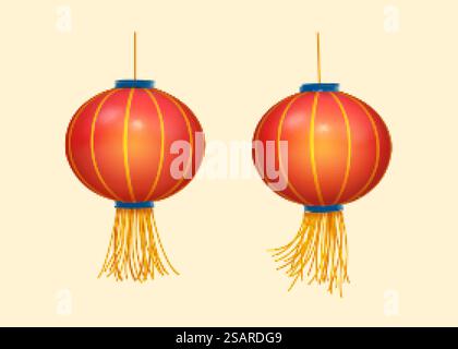 3D-Illustration von hängenden roten Laternen mit gelben Quasten für chinesisches Neujahr, Laternenfest oder andere Feiertage. 3D hängende rote Laternen Stock Vektor