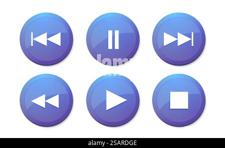 Vektortasten für Online-Musik-Player. Moderne benutzeroberfläche mit Stopp-Taste für Wiedergabe. Blaue grafische Schnittstelle, isolierter Tastensatz. Klicken Sie auf Symbole auf weißem Hintergrund der Video-App. Wiedergabelisten-Kontrollzeichen Stock Vektor