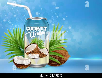 Banner-Vorlage für Poster mit Kokosnusswasser. Vektorrealistische Zusammensetzung von Bio-Getränken in Aluminiumdose, kokos, Palmblättern und Kopierraum. Natürlich erfrischende Kokossaftwerbung. Organisches Kokoswasser Vektor-Poster Banner Vorlage Stock Vektor