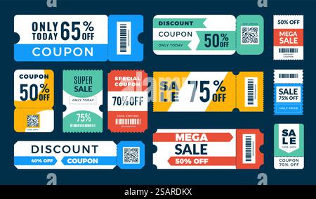 Gutscheinrabatt. Werbebanner für den Einzelhandel mit Preissenkung Barcode-Vorlagen aktuelle Vektorillustrationen Set von Rabattpreis Werbebanner für den Einzelhandel. Gutscheinrabatt. Werbebanner für den Einzelhandel mit Preissenkung Barcode-Vorlagen aktuelle Vektorillustrationen Set Stock Vektor