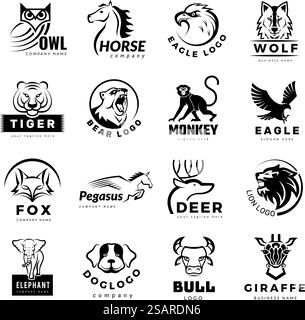 Tiersymbole. Vet Clinical Logo mit Haustiersymbolen Wildtiere Illustrationen aktuelle Vektorvorlagen Sammlung von pegasus und Fuchs, Elefanten und Giraffen. Tiersymbole. Vet Clinical Logo mit Haustieren Symbolen Wildtiere Illustrationen aktuelle Vektor Vorlagen Sammlung Stock Vektor