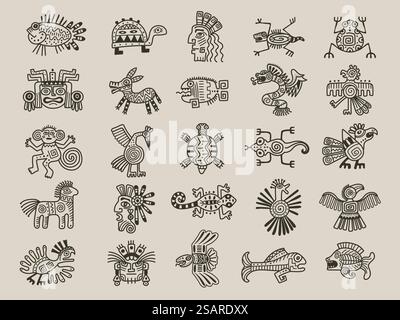 Aztekische Tiere. Mexikanische Stämme Symbole maya grafische Objekte native Ethnicity Zeichnungen neuer Vektor azteken Zivilisation Satz mexikanischer azteken und Tribal american Illustration. Aztekische Tiere. Mexikanische Stämme Symbole maya grafische Objekte native Ethnicity Zeichnungen neueste Vektor azteken Zivilisation Set Stock Vektor
