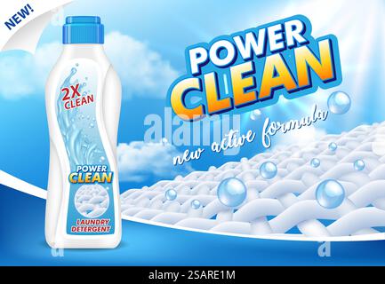 Flüssiges Waschmittel ad Vektor 3d Illustration. Waschmittel in realistischer Kunststoffflasche mit Etikett Promo Poster. Flüssiges Waschmittel und Vektor realistische Illustration Stock Vektor