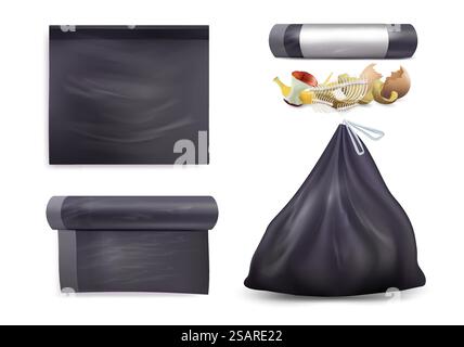 Schwarzer Müllbeutel Mockup Set, Vektorillustration isoliert auf weißem Hintergrund. Realistische Rolle, leer und voll mit Plastiktüten. Küche Lebensmittel Abfallbeutel, Müllbeutel... Schwarzer Müllbeutel Mockup Set, Vektor isolierte Illustration. Küchenabfallsäcke, Müllbeutel. Stock Vektor