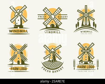 Windmühle-Logo. Bauernhof oder Bäckerei Produktion Etiketten und Abzeichen Vorlagen mit Weizen und Windmühle Gebäude neue Vektor stilisierte Bilder Satz der ländlichen Bauernhof Landwirtschaft Mühle Illustration. Windmühle-Logo. Produktetiketten und Abzeichen für den ländlichen Bauernhof oder die Bäckerei mit Weizen- und Windmühlenbau, neuere Vektor-Stilbilder Stock Vektor