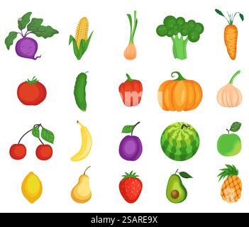 Obst- und Gemüsesymbol Set, flache Vektor isolierte Illustration. Frische, vegetarische Bio-Gerichte im Cartoon-Stil. Kohlrabi, Mais, Zwiebeln, Brokkoli, Karotten, Tomaten, Gurken, Avocado Apfel Birne Zitrone etc. Obst- und Gemüsesymbol Set, flache Vektor isolierte Illustration. Frische, vegetarische Bio-Gerichte im Cartoon-Stil. Stock Vektor