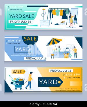Yard Sale Vektor Web Banner Template Set. Menschen Verkäufer und Käufer Zeichentrickfiguren, die Kleidung und andere Gebrauchtwaren verkaufen und auswählen. Verkaufskonzept für Garage, Tag oder Umzugsverkauf. Yard Sale Vektor Web Banner Template Set Stock Vektor
