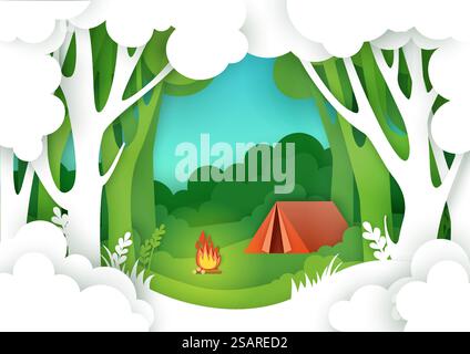 Sommercamping im Wald, Vektorillustration im Papierkunststil. Touristenzelt und Lagerfeuer auf Waldlichtung. Wandern, Trekking, Sommerferien-Poster, Banner-Vorlage... Sommercamping im Wald, Vektorillustration im Papierkunststil Stock Vektor