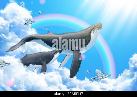 Buckelwale schwimmen zwischen Wolken mit fliegenden Fischen, 3D-Illustration. Wale schwimmen im blauen Himmel Stock Vektor