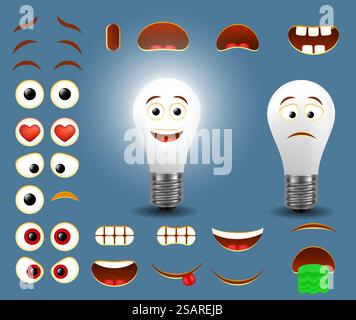 Glühbirnen-Emoji-Hersteller, Smiley-Schöpfer. Vektorsatz von Emoticon Gesichtsteilen für Ihre eigene elektrische Lampe Emoji-Erstellung mit verschiedenen Gesichtsausdrücken. Vektor-Glühbirne Emoji-Maker, Emoticon-Schöpfer Stock Vektor