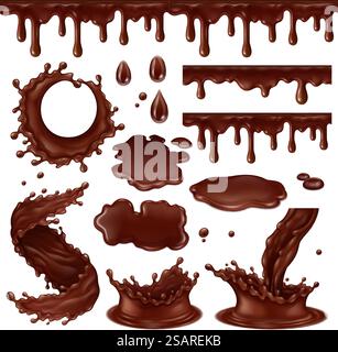 Realistische Schokoladenelemente, heiße Kakaotropfen, Wirbel und Spritzer. Tropfende Schokolade Zuckerguss Sauce Vektor Illustration Set. Flüssige Schokoladen-Dessertspritzer. Süßwaren mit süßen Tropfen. Realistische Schokoladenelemente, heiße Kakaotropfen, Wirbel und Spritzer. Tropfende Schokolade Zuckerguss Sauce Vektor Illustration Set. Flüssige Schokoladen-Dessertspritzer Stock Vektor