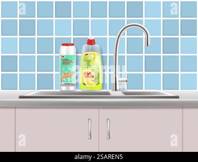 Küchenspüle und Geschirrspülflüssigkeit, Reinigungspulver Plastikflaschen, realistische Illustration des Vektors. Zitrone frisches Geschirrspülmittel, Haushaltsreinigungsmittel Werbeplakat Vorlage. Haushaltsreinigungsprodukte Werbevektor-Poster-Vorlage Stock Vektor