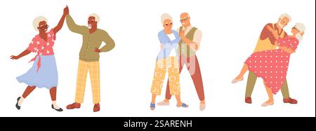 Glückliches älteres Paar tanzt lustigen Tanz mit Freude und Vergnügen mit romantischer Dating isolierte Vektor-Illustration auf weißem Hintergrund. Liebesbeziehung alter Menschen. Glückliches älteres Paar tanzt lustiges Tanz-Einzelset Stock Vektor