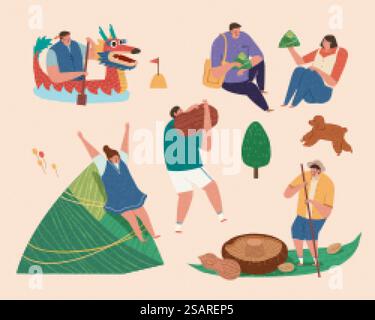 Glückliche junge asiatische Leute, die Duanwu-Aktivitäten genießen. Person Charakterset passend für Dragon Boat Festival. Dragon Boat Festival Aktivitäten Set Stock Vektor