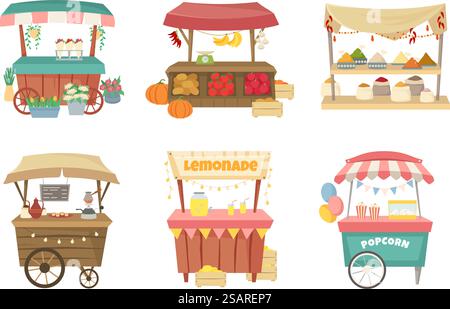Marktstände im Freien. Lebensmittelmarkt Straßenmesse, lokale Blumen Stand und Kaffeepunkt Vektor Illustration Set von Messe Stand Markt, Straßenladen. Marktstände im Freien. Lebensmittelstraße Messe, lokaler Blumenstand und Kaffeepunkt Vektor Illustration Set Stock Vektor
