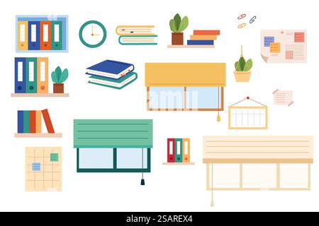 Set mit Bürobedarf, Fensterjalousien, Pflanzen und Wanduhr. Illustration des flachen Vektors. Set von Büroartikeln Stock Vektor