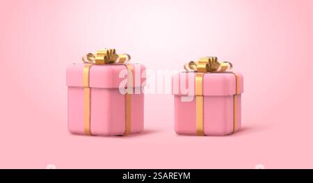 3D-Illustration von rosafarbenen Geschenkboxen mit goldenen Satinbändern. Elemente auf rosafarbenem Hintergrund isoliert. Pinkfarbene 3D-Geschenkboxen Stock Vektor