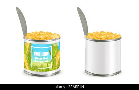 Konservierter Süßmais organischer Produktpaket-Mockup-Satz, Vektor-Illustration isoliert auf weißem Hintergrund. Realistisch geöffnete Blechdosen mit und ohne Etikett. Dosenmais Paket Modell Set, Vektor realistische Illustration Stock Vektor