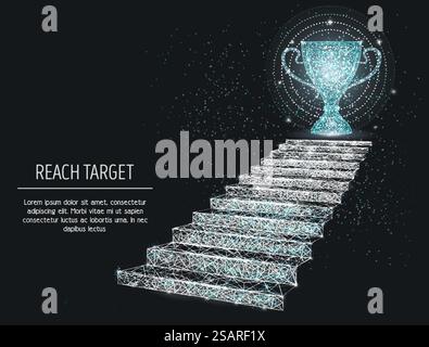 Zielvektor-Webbanner-Vorlage erreichen. Treppe zum Trophäenbecher, weißes Drahtgitter mit niedrigem Poly-Anteil auf schwarzem Hintergrund. Karrierewachstum, Motivation, Weg zum Erfolg Konzept polygonale Kunststilillustration. Zielbanner-Vorlage erreichen, polygonale Illustration des Vektors Stock Vektor