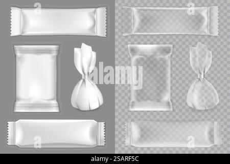 Süßigkeiten Verpackung Mockup Set, Vektor isolierte Illustration. Realistische weiße und transparente leere Plastikfolie für Süßigkeiten, Schokoladenriegel usw. Süßigkeiten Verpackung Mockup Set, Vektor isolierte Illustration Stock Vektor