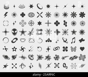 Y2K-Symbole. Retro-Star-Ikonen, trendiges Acid Rave und grafische Elemente für Poster und Streetwear-Mode-Vektor-Set. Minimalistische abstrakte Formen und Alien, Planet, Musiknote. Y2K-Symbole. Retro-Star-Ikonen, trendiges Acid Rave und grafische Elemente für Poster und Streetwear-Mode-Vektor-Set Stock Vektor