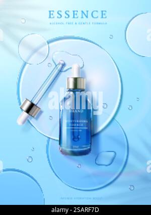 3D Face Essence Kosmetikwerbung. Illustration von lichtexturiertem und feuchtigkeitsspendendem Gesichtsserum auf transparenten Kreisscheiben. 3D Face Essence Kosmetikwerbung Stock Vektor