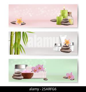 Horizontales Vektor-Template-Set für Spa Center. Realistische Illustration von Bambusstielen mit Blättern, Aromakerzen, Boden, Massageöl, Steinen und Blumen. Spa Schönheitssalon Karten, Web Banner... Spa-Salon, Vektorbanner-Vorlage-Set Stock Vektor