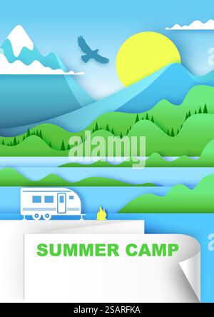 Sommercamp, Vektorillustration im Papierkunststil. Campingwagen und Lagerfeuer am Flussufer, wunderschöne Wald- und Berglandschaft. Campingplatz im Wohnwagen, Poster für Sommerferien, Bannervorlage... Sommercamp, Vektorillustration im Papierkunststil Stock Vektor