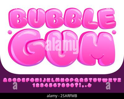 Schriftart „Bubble Gum“. Süße rosa mollige Buchstaben, glänzende Lutscher-Bonbons-Zahlen und lustige Alphabet-Blasen zeigen Schriftart-Vektor-Satz des Alphabets und abc-Design-Illustration an. Schriftart „Bubble Gum“. Süße rosa mollige Buchstaben, glänzende Lutscher Bonbons Zahlen und lustige Alphabet Bubbles Display Schriftart Vektor Set Stock Vektor