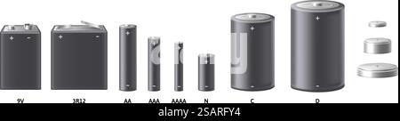 Realistisches Akkumodell. Verschiedene Arten von Alkali-Batterien und -akkumulatoren. Leere Vorlage für tragbare Stromquellen für isolierte 3D-Vektor-Illustration. Gegenstände zum Laden. Realistisches Akkumodell. Verschiedene Arten von Alkali-Batterien und -akkumulatoren. Leere Vorlage für tragbare Stromquellen für isolierte 3D-Vektor-Illustration Stock Vektor