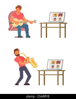 Musik-Masterclass Online-Videokurs, Vektor-Illustration. Zwei männliche Charaktere, Musiker, die Gitarre und Saxophon vor dem Laptop spielen. Musik Kunst Unterricht Video Tutorial, Live Konzert. Online-Musik-Masterclass, Vektor-flache Design-Illustration Stock Vektor
