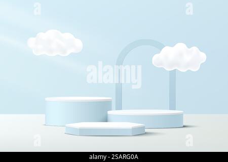 Abstraktes Podest in weiß, Blau, sechseckig und zylindrisch mit Wolkenflug und Bogenhintergrund. Pastellblaue Minimalszene für die Produktpräsentation. Geometrische Vektor-Rendering-Plattform. Stock Vektor