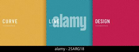 Satz abstrakter Kurven mit runden Linien auf rosa, blauem, grünem, orangegelbem Hintergrund. Trendiges Design mit Streifenmuster. Kann für Cover, Poster, Bannerweb, Flyer, Printwerbung verwendet werden. Stock Vektor