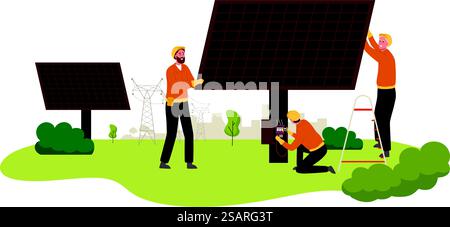 Versorgungsarbeiter installieren Solarpaneele. Solarbetriebliche Instandhaltung, nachhaltige grüne Energie und elektrische Stromleitungen Vektorillustration. Männliche Zeichen zur Befestigung von Ausrüstung im Außenbereich. Versorgungsarbeiter installieren Solarpaneele. Solarbetriebliche Instandhaltung, nachhaltige grüne Energie und elektrische Stromleitungen Vektorillustration Stock Vektor