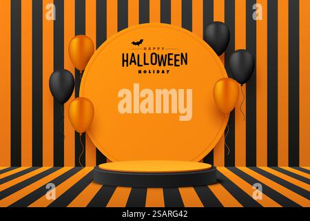 Abstraktes realistisches 3D-orangenes Zylinderpodest mit Ballons. Vertikale schwarze und orangefarbene Streifen. Fröhliche halloween-Szene für Produktpräsentation. Geometrische Vektor-Rendering-Plattform. Stock Vektor