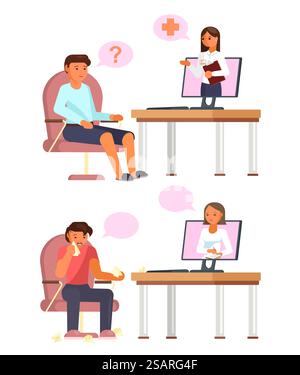 Online-Arztkonsultation, Vektorflachdarstellung. Patienten, die mit Ärzten über Internetverbindung und Laptop kommunizieren. Online-Beratung, virtuelle psychologische und medizinische Betreuung. Online-Arztkonsultation, Vektor flache Design-Illustration Stock Vektor