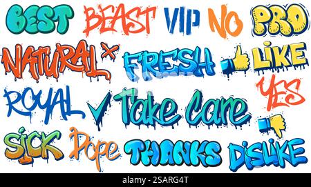 Graffiti-Tags. Frische, beste und düstere Straßenkunst-Textschilder. Sprayfarbe Typografie, wie und nicht wie Graffitis Vektor Set. Urbanes Kulturschreiben mit Tintenflecken und Tropfen isoliert. Graffiti-Tags. Frische, beste und düstere Straßenkunst-Textschilder. Sprayfarbe Typografie, wie und nicht wie Graffitis Vektor Set Stock Vektor