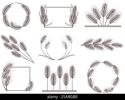 Handgezeichnetes Weizendekor. Ear of Weizen Rahmen, Erntegrenze und Trennwand. Weizenkränze Vektor-Illustration Set von Weizen Hand gezeichnet, Spike und Kranz. Handgezeichnetes Weizendekor. Ear of Weizen Rahmen, Erntegrenze und Trennwand. Weizenkränze Vektor-Illustration Set Stock Vektor