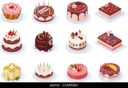 Isometrische Geburtstagsveranstaltung leckere Erdbeeren, Vanille, Schokoladenkuchen. Köstliche 3D Frosted Party Kuchen Vektor Illustration Set. Süße Geburtstagskuchen. Leckeres Geburtstagsessen, Dessert und Kuchen. Isometrische Geburtstagsveranstaltung leckere Erdbeeren, Vanille, Schokoladenkuchen. Köstliche 3D Frosted Party Kuchen Vektor Illustration Set. Süße Geburtstagskuchen Stock Vektor