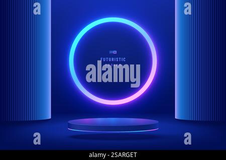 Abstraktes realistisches blaues 3D-Zylinderpodest. SCI-fi dunkler abstrakter Raum mit leuchtenden kreisrunden Neonlichtern. Anzeige des Modellprodukts für Vektor-Rendering. Futuristische Szene, Bühnenpräsentation. Stock Vektor