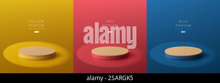 Set aus gelbem, dunkelblauem, rotem und hölzernem Podest mit 3D-Zylinder in abstrakten Räumen mit Schattenüberlagerung. Bühnenpräsentation, Produktpräsentation. Vektor, der geometrische Formen wiedergibt. Minimale Szene. Stock Vektor