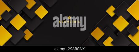 Modernes schwarzes und gelbes goldenes Quadrat überlappendes Muster auf dunklem Hintergrund mit Schatten. Abstrakte, trendige, geometrische Form mit Kopierraum. Futuristisches und technologisches Konzept. Vektor-EPS10. Stock Vektor