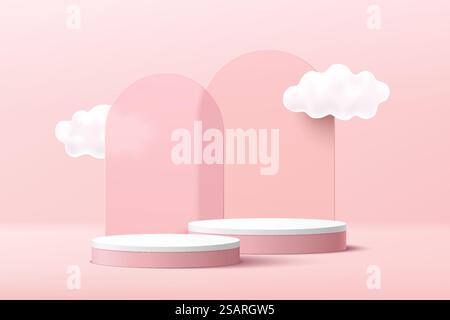 Abstraktes Podest mit rosafarbenem, weißem Zylinder in 3D mit Wolkenhimmel und geometrischem Hintergrund aus Bogenglas. Pastell Pink Minimal Szene. Geometrische Plattform für Vektor-Rendering für Produktpräsentationen. Stock Vektor
