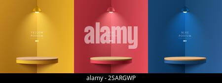 Set aus gelbem, dunkelblauem, rotem, realistischem 3D-Schiebezylinder in Eckzimmern mit aufgehängten Neonlampen. Bühnenpräsentation, Produktpräsentation. Vektor, der geometrische Formen wiedergibt. Abstrakte Minimalszene. Stock Vektor