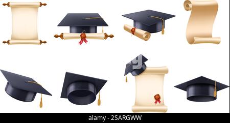 Realistischer Abschlusshut und Diplom. High School, College oder Universitätsmütze mit Bachelor-Abschluss-Scroll, akademischer Absolvent Zertifikat Vektor der Ausbildung Kappe mit Quaste Illustration. Realistischer Abschlusshut und Diplom. High School, College oder Universität Cap mit Bachelor-Abschluss-Scroll, akademische Graduiertenzertifikat Vektor Stock Vektor