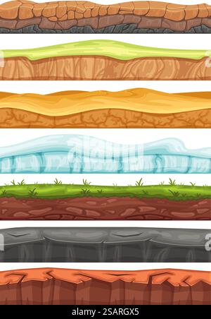 Nahtloses Erden. Cartoon Landschichten, Grasfeld und Vordergrundböden für Spiel Hintergrund Vektor Set. Wüste mit Sand, Eiswasser und Felsenlandschaft. Horizontale Strukturen auf verschiedenen Ebenen. Nahtloses Erden. Cartoon Landschichten, Grasfeld und Vordergrundböden für Spiel Hintergrund Vektor Set Stock Vektor