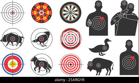 Schießen von Zielen. Tiersilhouette, bewaffnetes menschliches und Geiselziel als Schießstand. Drucke mit Bullseye für Jagdpraxis Vektorsatz von Zieltier und Kriminellen mit Geiselillustration. Schießen von Zielen. Tiersilhouette, bewaffnetes menschliches und Geiselziel als Schießstand. Drucke mit Bullseye für Jagdübungs-Vektorsatz Stock Vektor